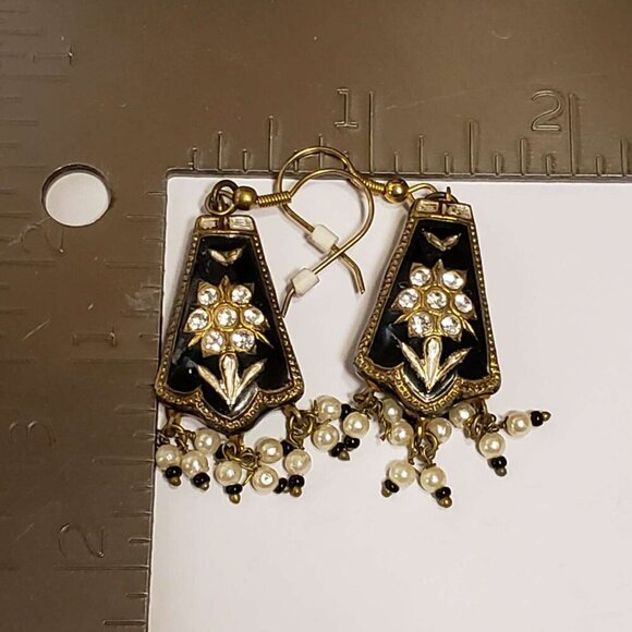 Vintage Paper Mache Pearls Jewelry Earrings Dangle Black Enamel Glass Crystals - Picture 5 of 6